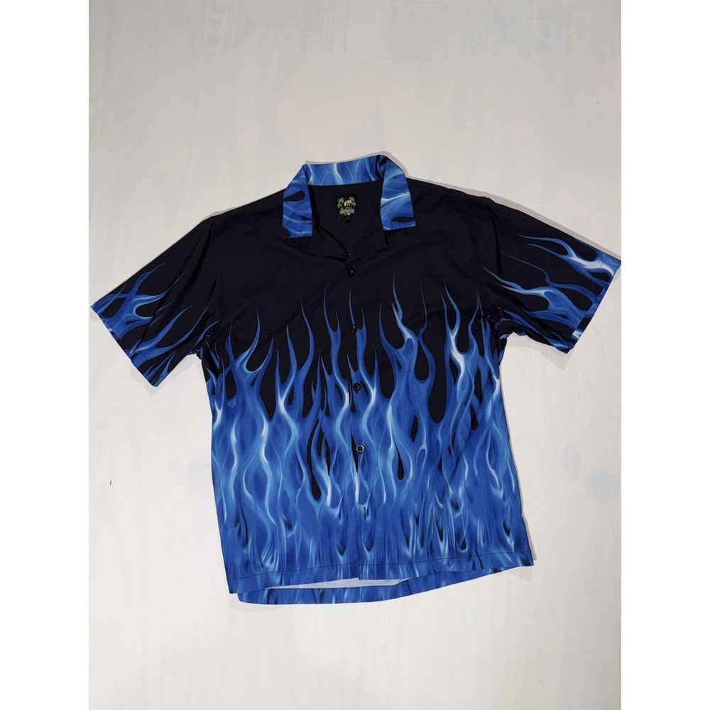 Vintage Benny's Shirt Men's L Large Black Blue Flames Button Hawaian Camp Aloha
